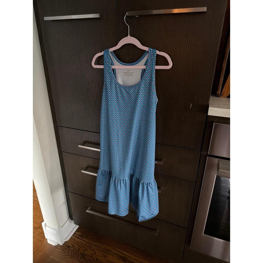 Vineyard Vines Girls Blue Patterned Ruffle Hem Dress 10-12 Medium